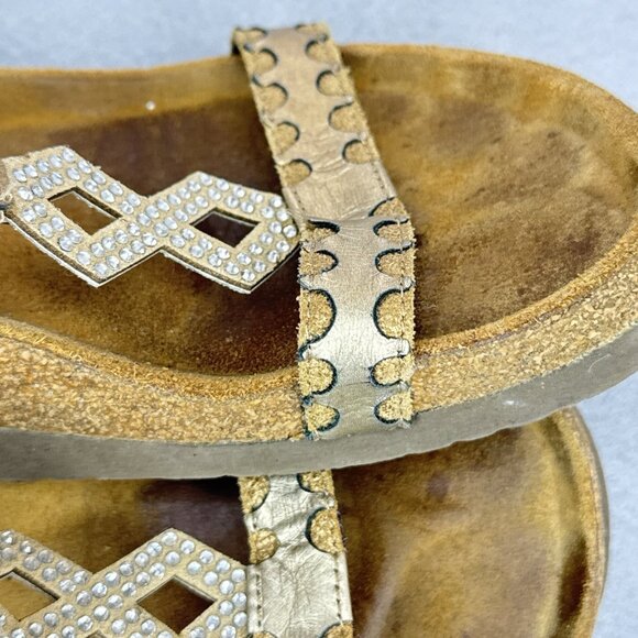 NAOT Aspen Leather Sandals Wedge Cork Gold Metallic Rhinestones EU 38 US 7 - 7.5 - Picture 16 of 16